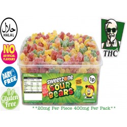 Gluten Free/Dairy Free/Halal Sour Gummie Bears 20mg THC Per Piece, Pack of 20